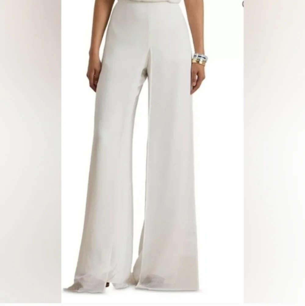 NWT Wide-Leg High Waisted Chiffon Trim White Pants Womens